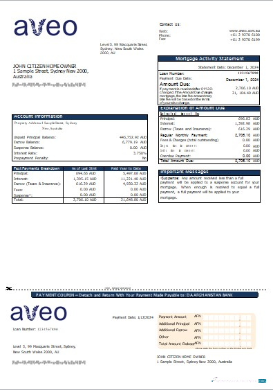Download Australia Aveo bank mortgage statement scr Photoshop template
